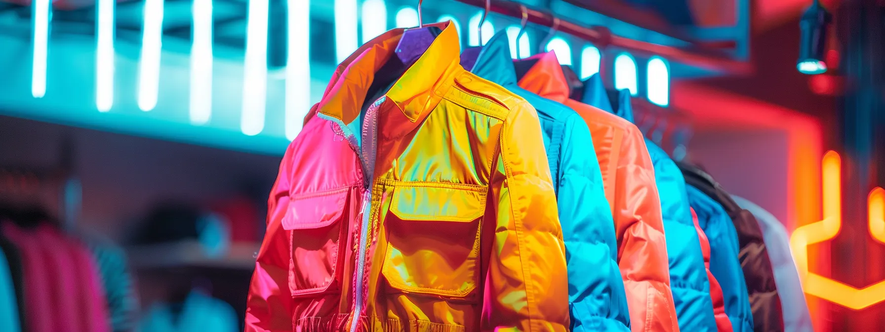 a vibrant, neon windbreaker jacket hanging on a hook in a dimly lit room with glowing neon lights in the background.